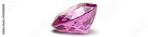 A pink diamond gemstone sits on a clean white surface