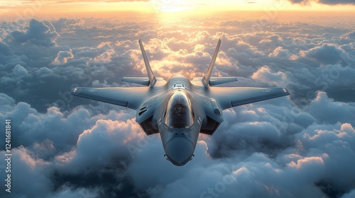 F-35 Lightning II Stealth Fighter Jet Soaring Above a Sea of Clouds at Sunset: A Stunning Aerial View