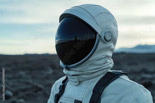 A person wearing a space suit stands in a natural environment, possibly for training or exploration photo