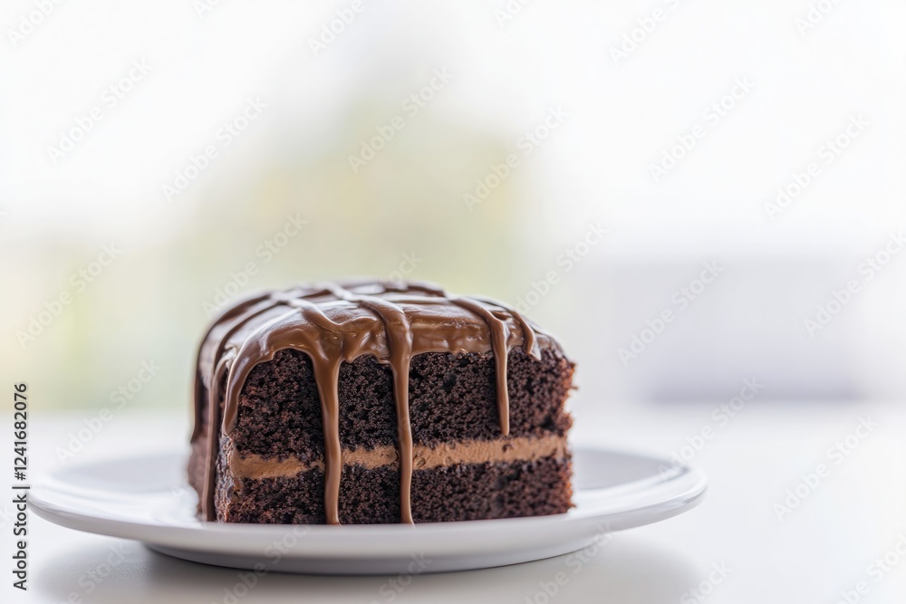 close-up photo of rich chocolate cake with dripping ganache displayed on clean white plate with softly blurred background close-up photo of rich chocolate cake with dripping ganache displayed on clean white plate with softly blurred background