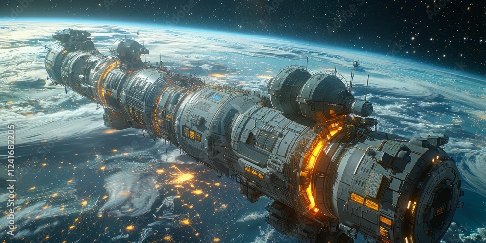 Futuristic space station orbiting Earth, featuring intricate mechanical details, glowing thrusters Futuristic space station orbiting Earth, featuring intricate mechanical details, glowing thrusters