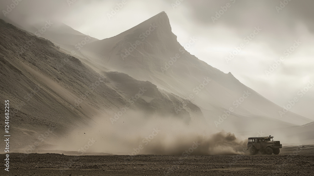Fototapeta premium Vehicle kicking up dust storm, traversing desolate mountain landscape.