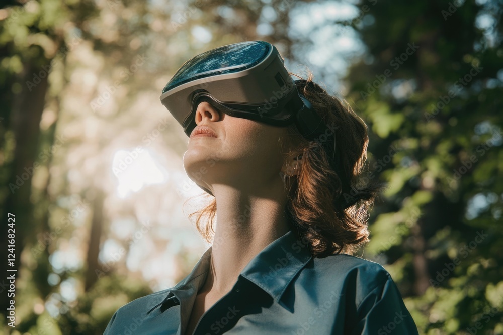 Woman experiencing virtual reality in a forest, sunlight illuminating her face. Woman experiencing virtual reality in a forest, sunlight illuminating her face.