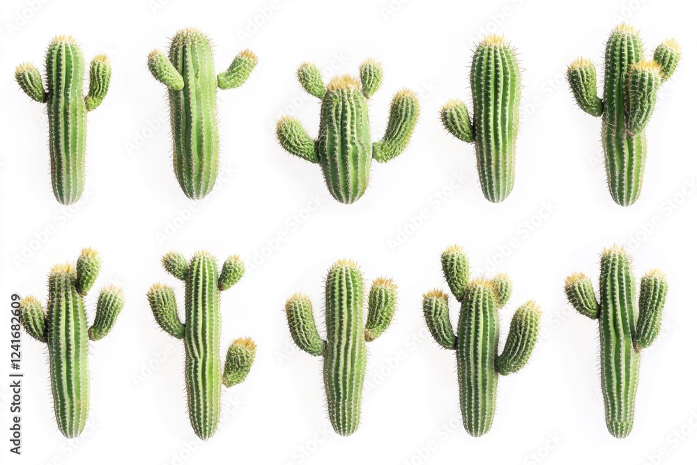 Collection of various cactus species arranged on a clean white surface for photography or design use Collection of various cactus species arranged on a clean white surface for photography or design use