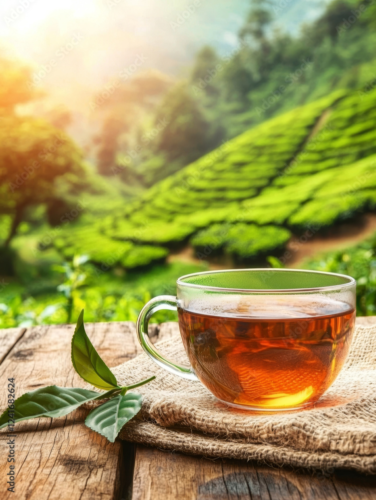 Teacup of brewed tea on rustic wood, vibrant tea plantation backdrop. Teacup of brewed tea on rustic wood, vibrant tea plantation backdrop.