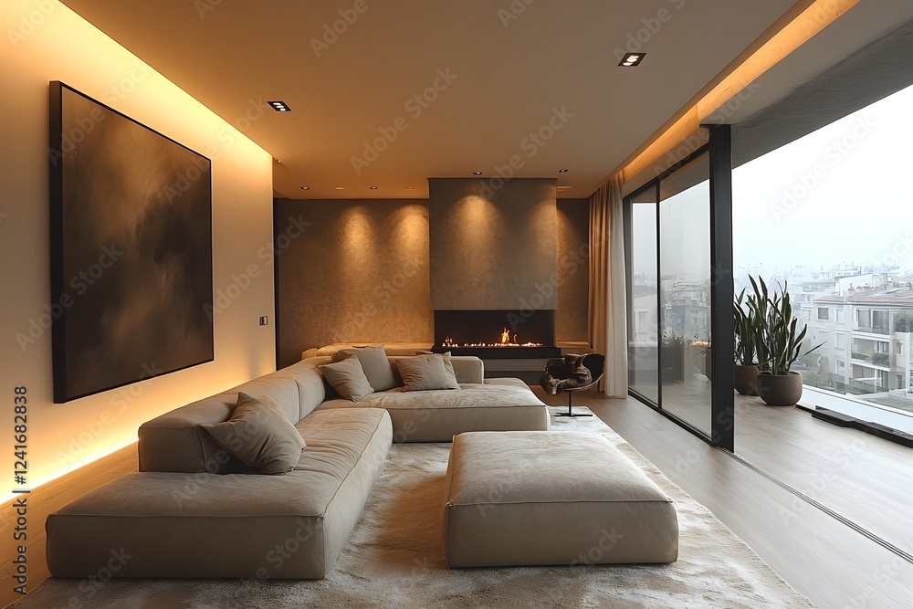 Modern living room with soft lighting and city view during evening hours Modern living room with soft lighting and city view during evening hours