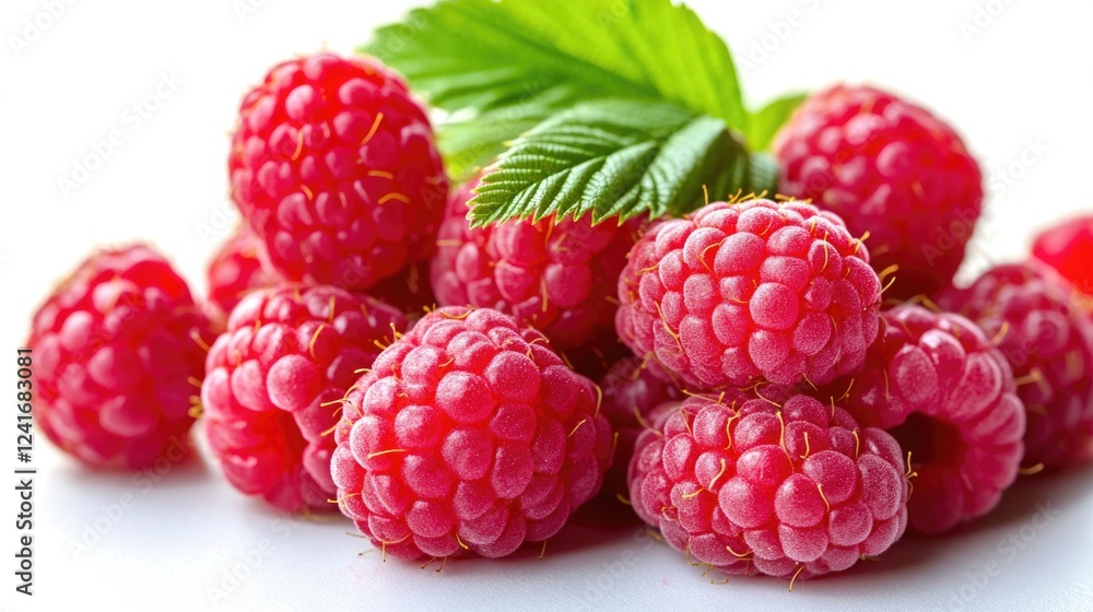 Fresh raspberries with a single leaf on top, great for still life or food photography Fresh raspberries with a single leaf on top, great for still life or food photography