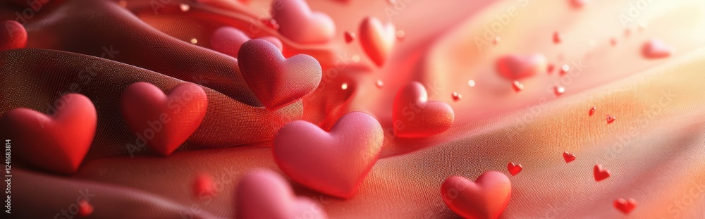Obraz premium Romantic satin fabric background with scattered red and pink heart-shaped decorations and an elegant glow, ideal for Saint Valentines Day and 8 March International Womens Day