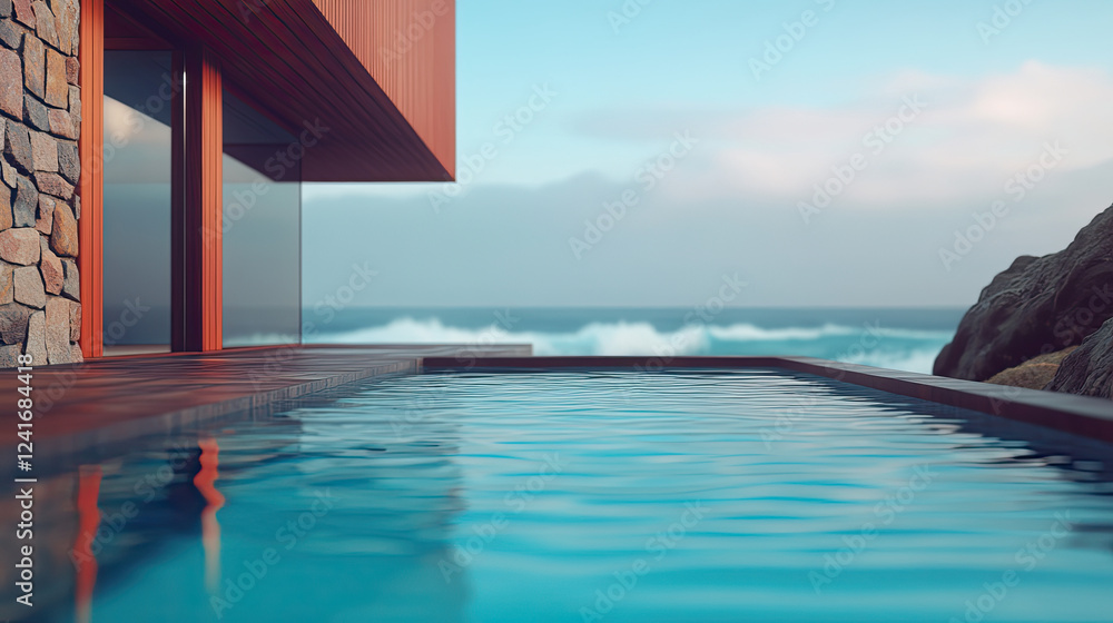 Fototapeta premium Modern architectural design showcasing stylish pool with ocean view in serene coastal setting