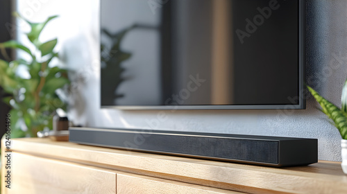 of a blank TV screen on a modern TV stand with a soundbar placed below 