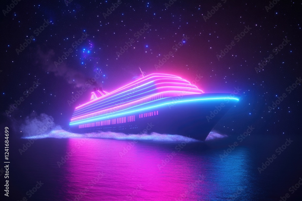 Obraz premium conceptual image of cruise ship glowing with vibrant neon lights sailing through starry galaxy