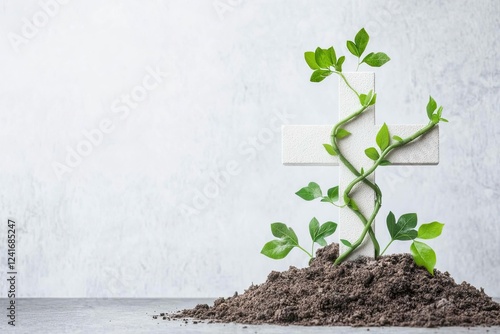 conceptual image of medical cross symbol growing from earth with vines and leaves intertwined photo