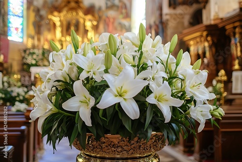 White lilies decorating a church interior with golden altar