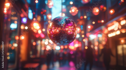 Wallpaper Mural Disco ball hanging amidst vibrant city night lights. Torontodigital.ca