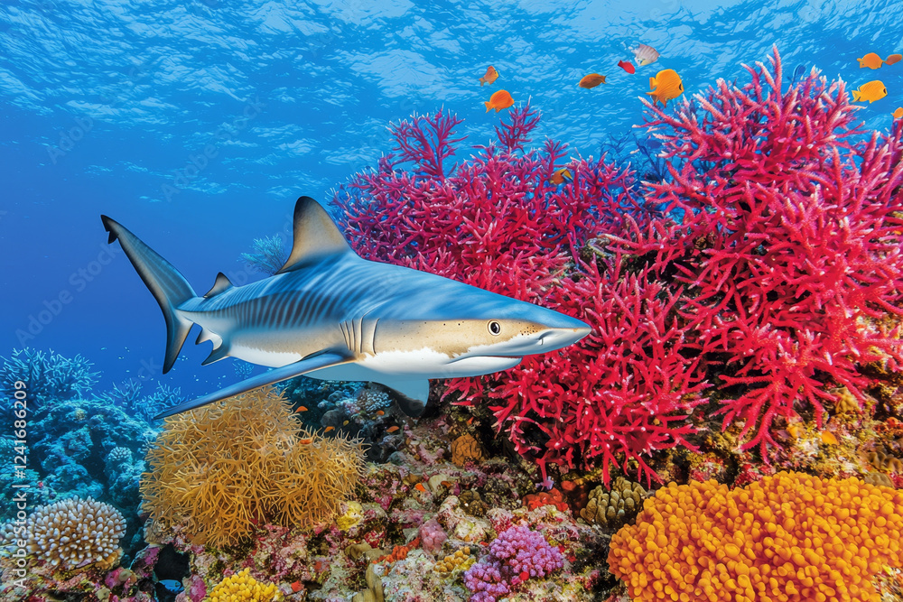 Fototapeta premium Shark swimming over vibrant coral reef.