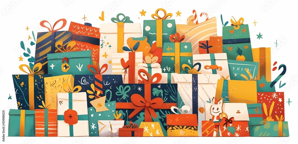 Naklejka premium stacked birthday gifts with colorful ribbons, ideal for children's birthday cards or festive posters.