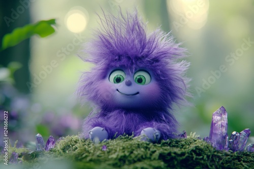 A playful troll figure, featuring ruffled violet hair, found in a mystical forest, symbolizing fairytale