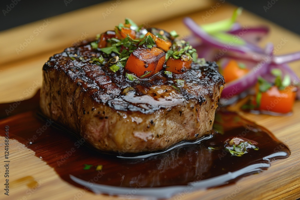 Grilled steak with herb garnish served on a wooden board with savory glaze Grilled steak with herb garnish served on a wooden board with savory glaze