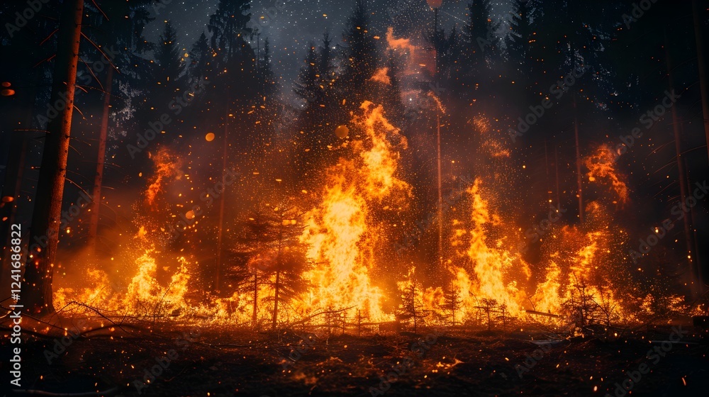 Fiery Night Blaze in Wilderness Forest with Crackling Flames and Sparks Fiery Night Blaze in Wilderness Forest with Crackling Flames and Sparks