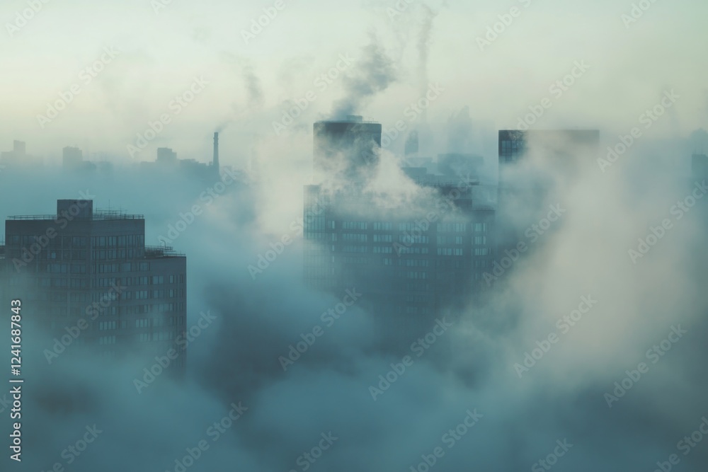 Urban scene with thick smoke billowing from unknown source, potential for dramatic or cautionary atmosphere Urban scene with thick smoke billowing from unknown source, potential for dramatic or cautionary atmosphere