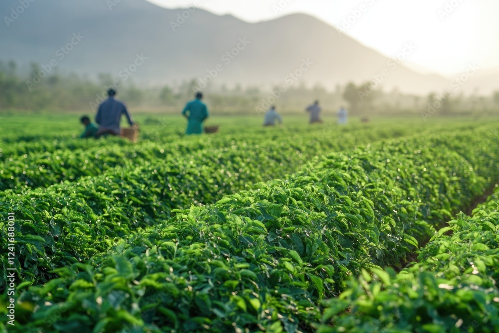 Group of people harvesting crops in a sunny field Group of people harvesting crops in a sunny field