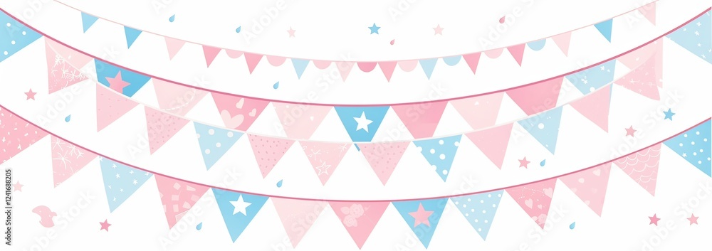 A pink and light blue banner with bunting, set against a white background A pink and light blue banner with bunting, set against a white background