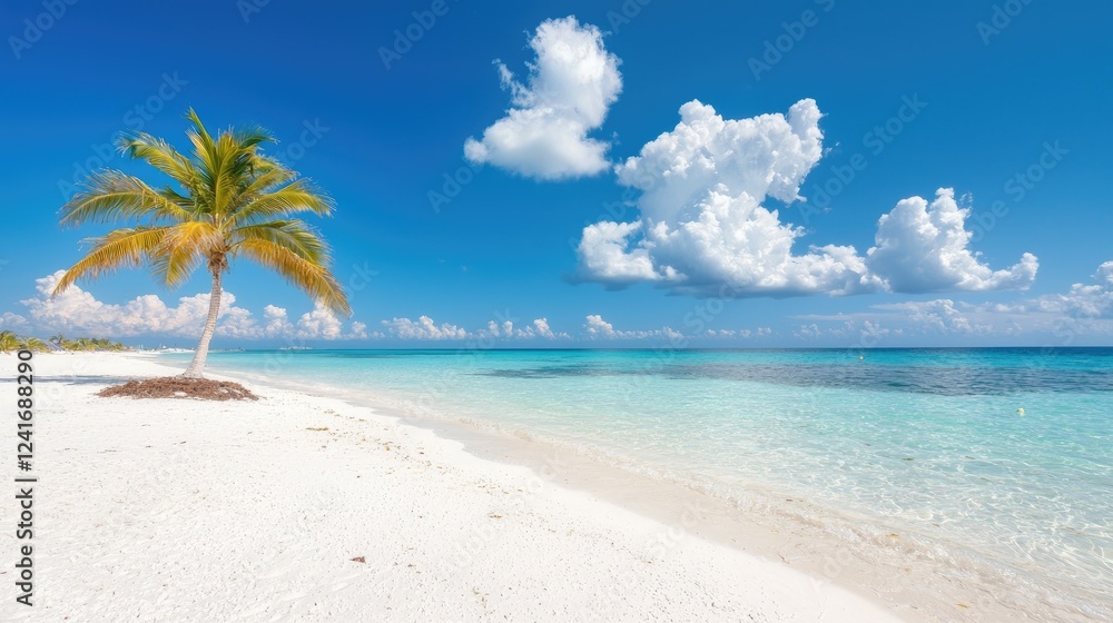 Tropical beach paradise; palm tree, turquoise water, white sand, sunny sky; travel poster Tropical beach paradise; palm tree, turquoise water, white sand, sunny sky; travel poster