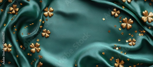 Ultra-modern mockup background with space for text for Saint Patricks Day, decorated with a smooth green silk texture, scattered gold clovers, and subtle sparkles