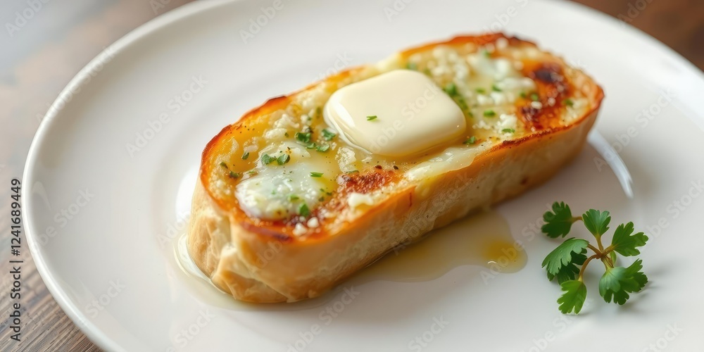 Crispy garlic bread on a white plate with melted butter and parsley, , crispy garlic bread, rustic Crispy garlic bread on a white plate with melted butter and parsley, , crispy garlic bread, rustic