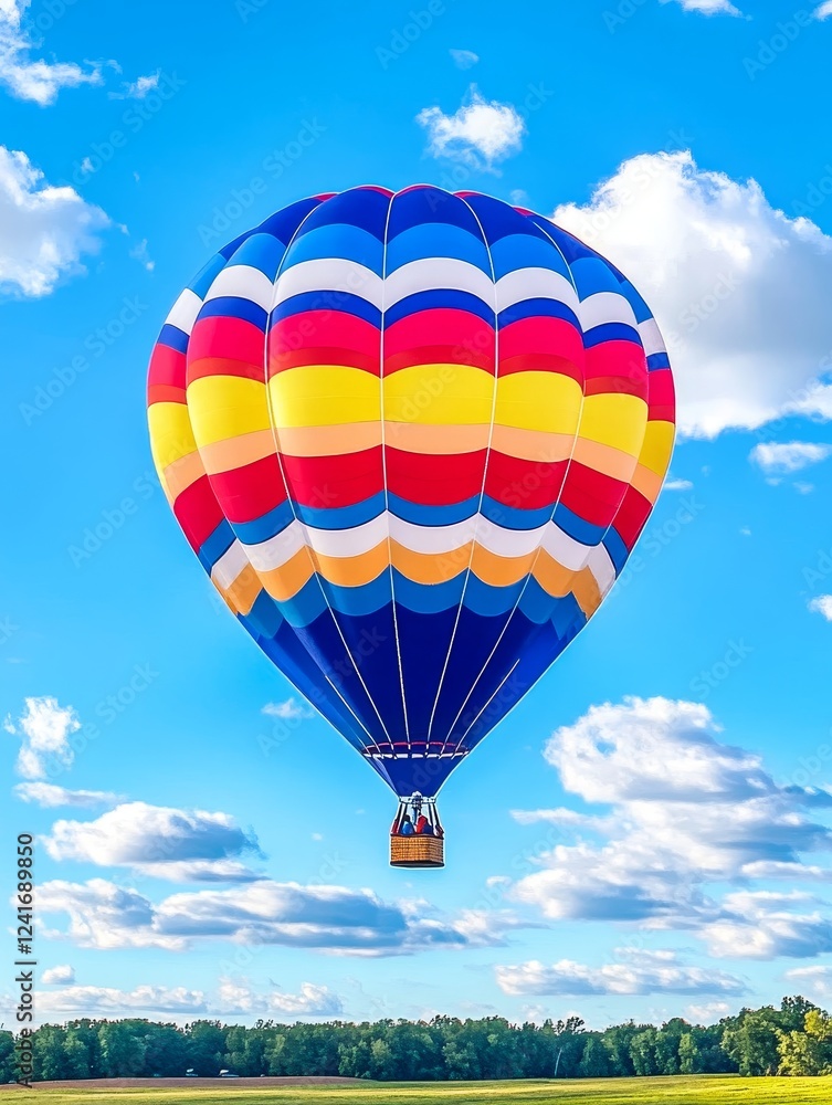 Obraz premium Colorful Hot Air Balloon Ascending - Vibrant hot air balloon soaring against a bright blue sky with fluffy white clouds, above a tranquil green landscape.
