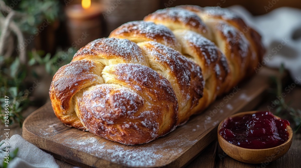 Freshly baked challah bread with jam on rustic wooden board in warm kitchen Freshly baked challah bread with jam on rustic wooden board in warm kitchen
