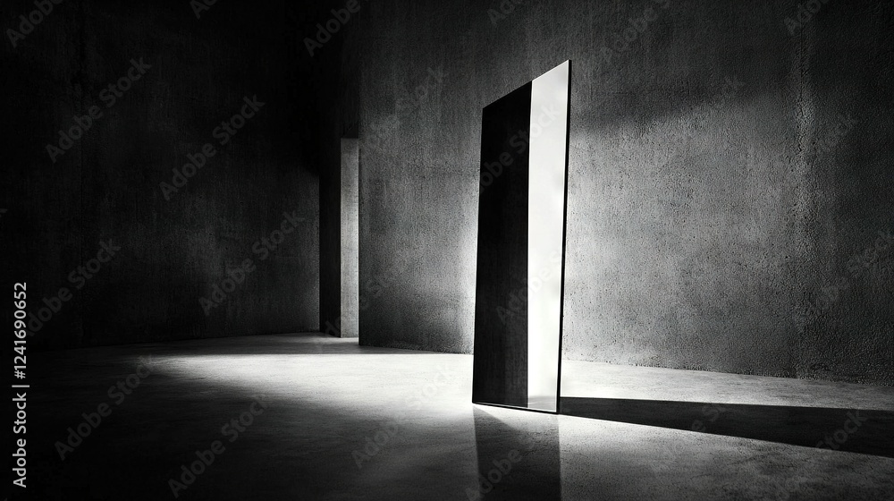 A monochrome image depicts an aperture illuminated by sunlight streaming through a window in a dimly lit interior A monochrome image depicts an aperture illuminated by sunlight streaming through a window in a dimly lit interior