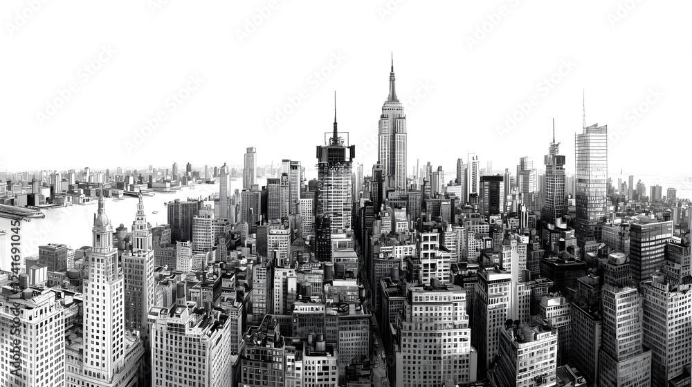 Obraz premium Panoramic view of Manhattan's illuminated skyline at dusk. Urban cityscape with tall buildings and waterfront, pencil black&white style