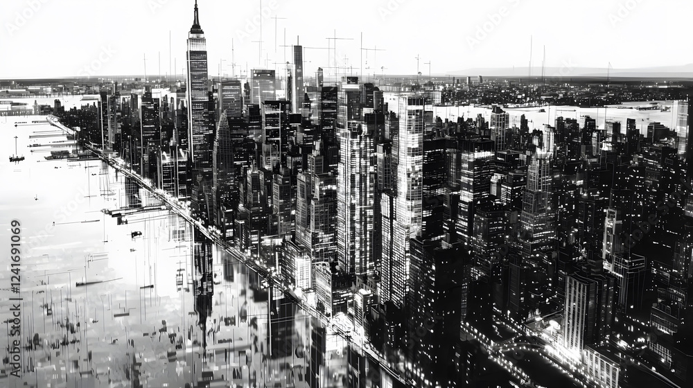 Obraz premium Panoramic view of Manhattan's illuminated skyline at dusk. Urban cityscape with tall buildings and waterfront, pencil black&white style