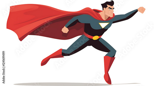 A man in a red cape and blue suit is running