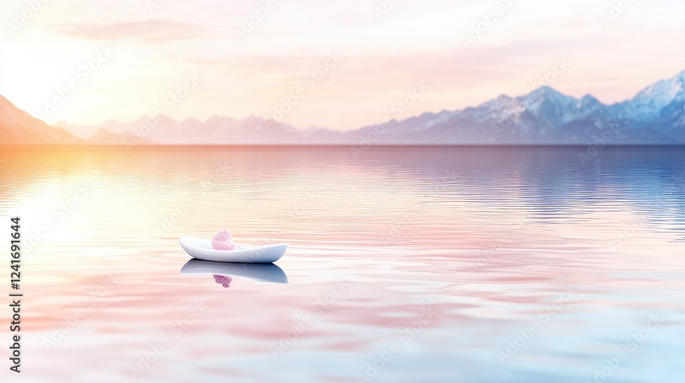 Serene sunrise, boat with heart, mountain lake Serene sunrise, boat with heart, mountain lake