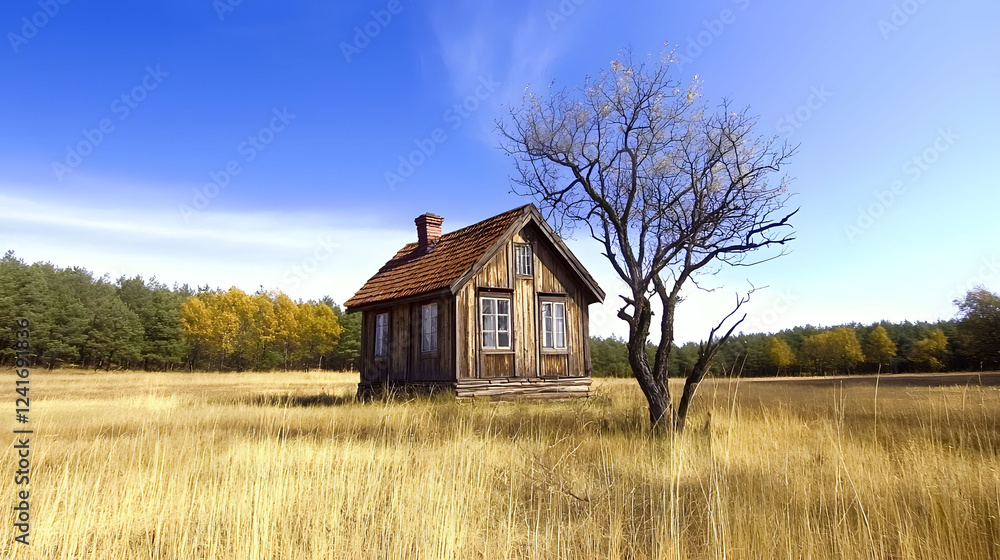 Fototapeta premium Small wooden cabin in a picturesque rural landscape surrounded by open fields and greenery under a clear blue sky 