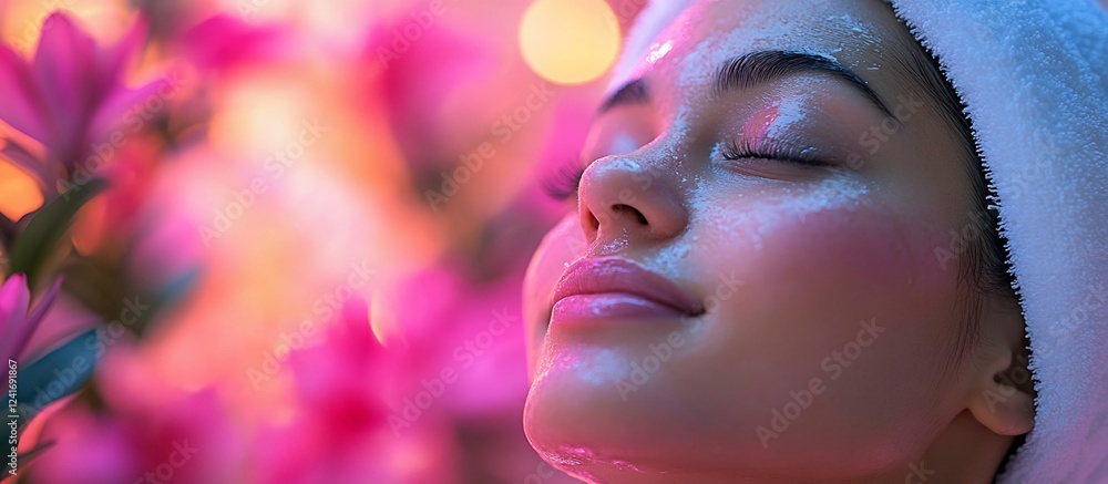 Fototapeta premium Serene woman enjoying a facial treatment surrounded by vibrant flowers in a calming spa setting