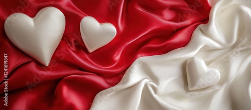 Vibrant red and white minimalist background with embossed heart shapes and a luxurious silk texture, designed for Saint Valentines Day and 8 March International Womens Day