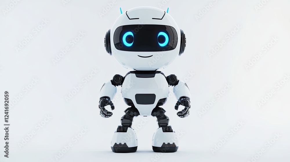 Friendly robot character, standing against white background, showcasing futuristic design, ideal for tech, education, or entertainment Friendly robot character, standing against white background, showcasing futuristic design, ideal for tech, education, or entertainment