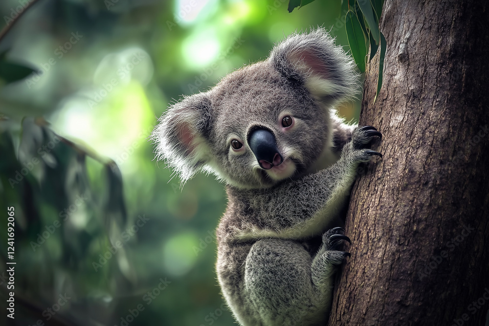 Fototapeta premium Cute baby koala clinging to tree in forest