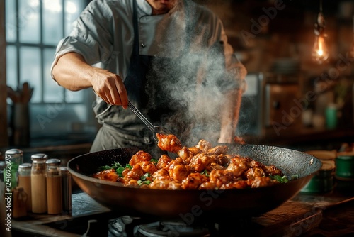 Wallpaper Mural Master chef skillfully stir-fries delicious chicken in a bustling kitchen at dusk Torontodigital.ca