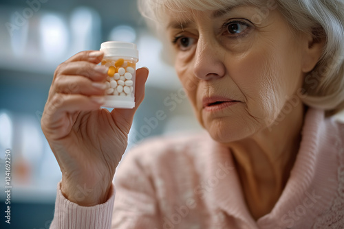 Senior woman inspecting medication closely