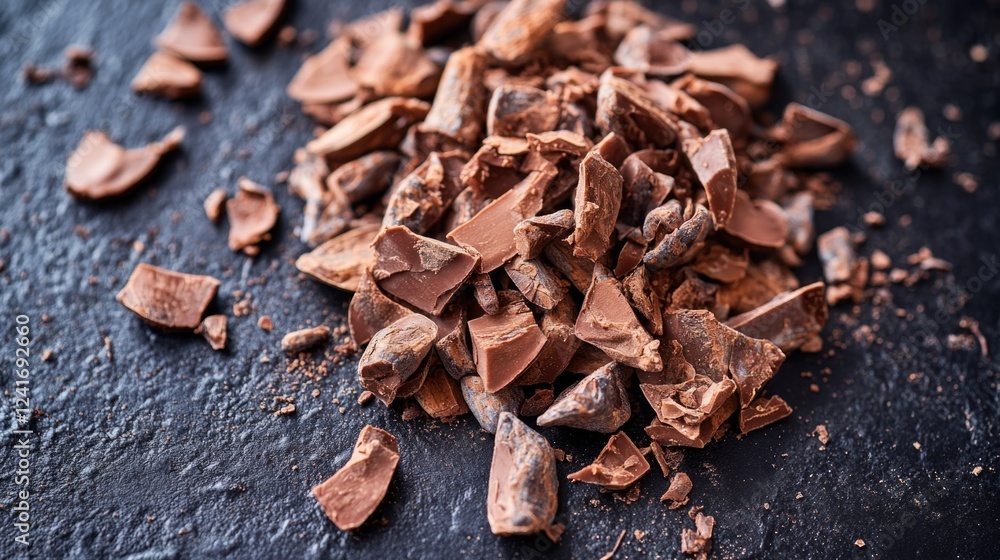 A messy pile of chocolate pieces on a table, perfect for snacking or decorating A messy pile of chocolate pieces on a table, perfect for snacking or decorating
