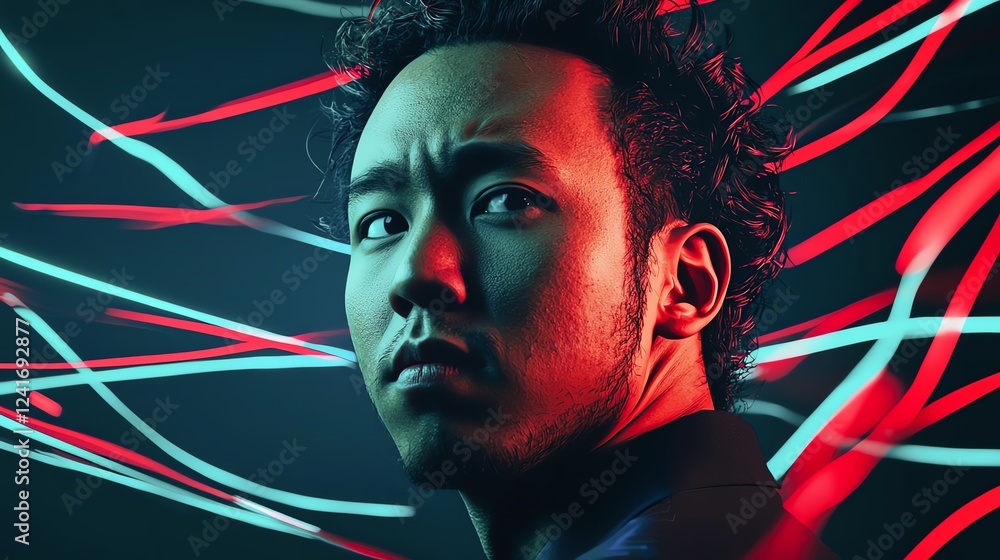 A striking portrait of a man against vibrant, dynamic lighting. A striking portrait of a man against vibrant, dynamic lighting.
