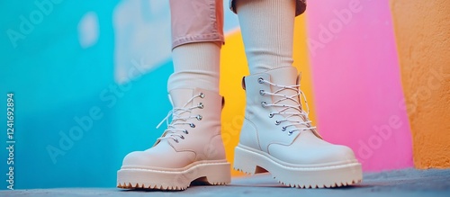 Stylish white boots worn by a person standing against a vibrant, colorful urban wall backdrop photo