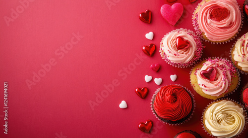 Colorful Heart-Shaped Cupcakes on a Red Background for Valentine's Day Celebrations and Sweet Treats