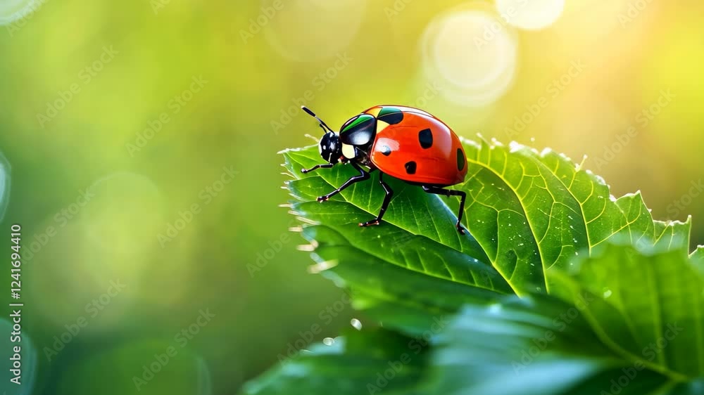 A vibrant ladybug perched on a green leaf in a sunlit garden, showcasing nature's beauty and intricate details of the insect surrounded by a soft, blurred background