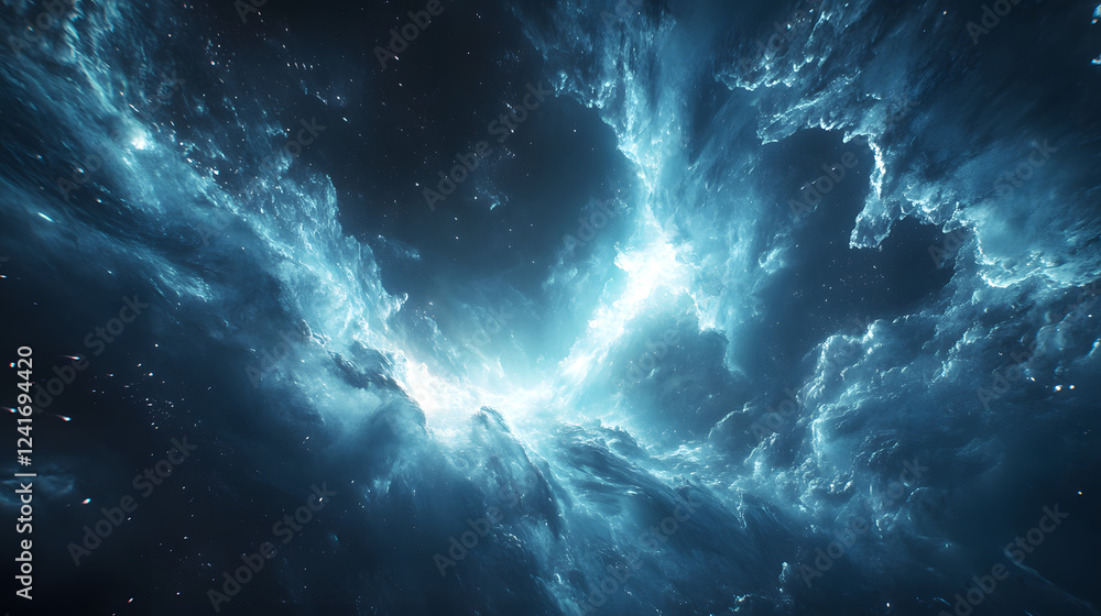 Fototapeta premium Sky blue with light streaks and particles flowing through it, creating a sense of motion and energy.