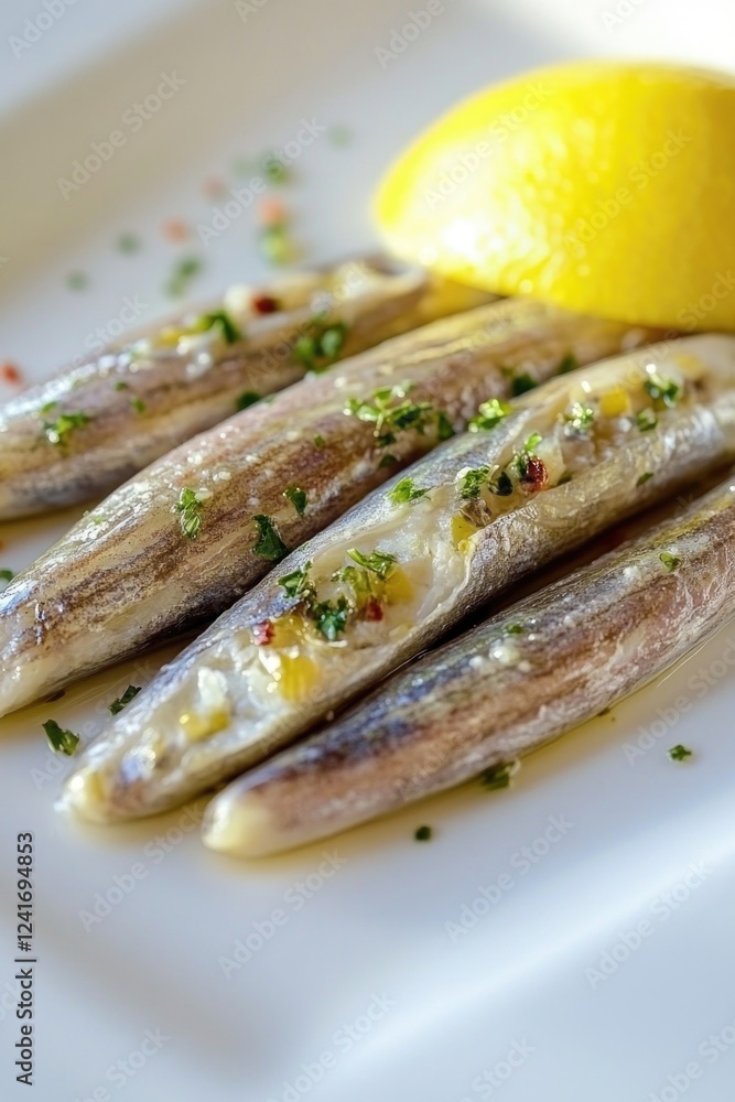 Fresh fish served with a slice of lemon on a white plate, great for still life photography or food advertising Fresh fish served with a slice of lemon on a white plate, great for still life photography or food advertising